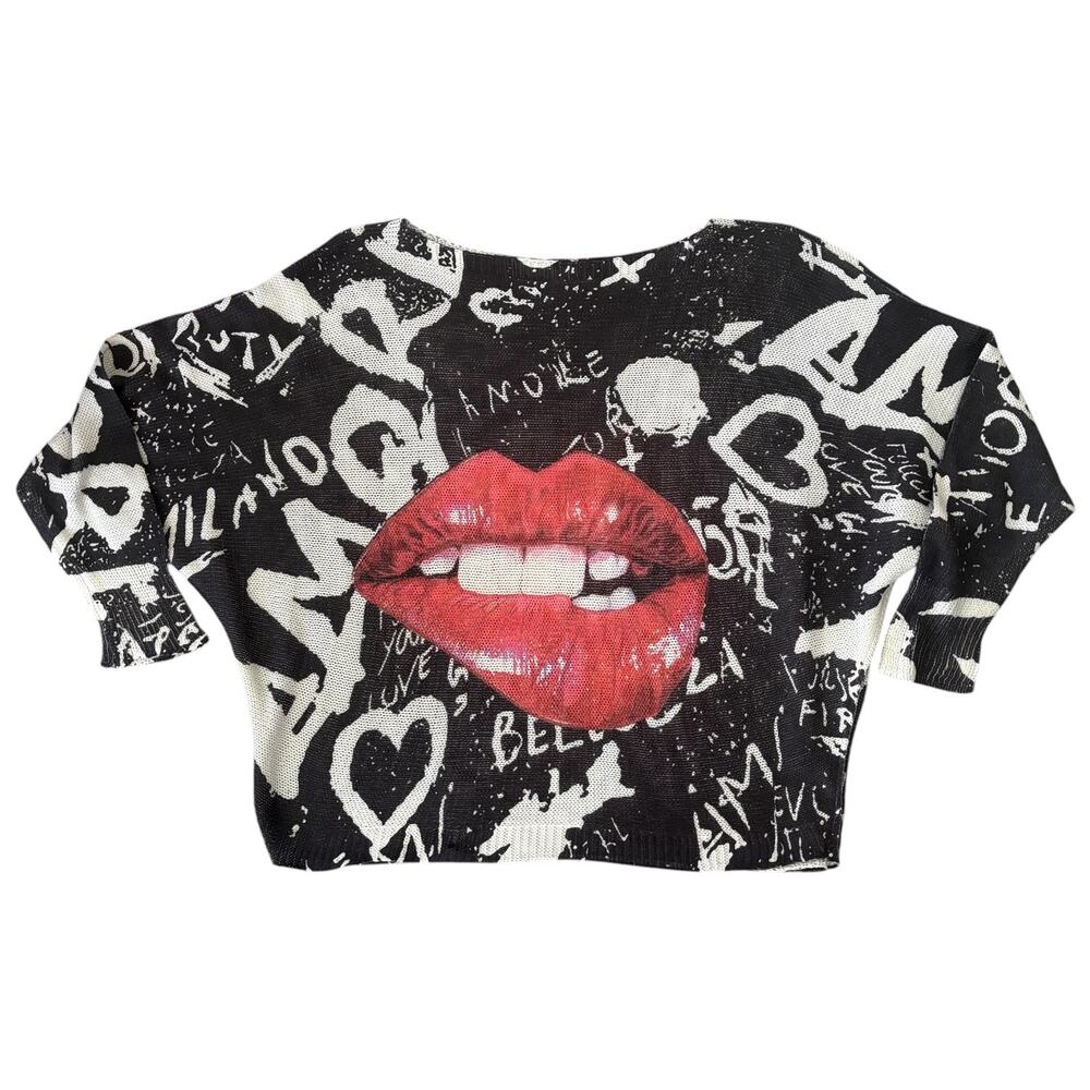 Y2K Lips Graphic Dolman Knit Sweater Made in Italy Goth McBling Alternative Blck - Picture 4 of 8